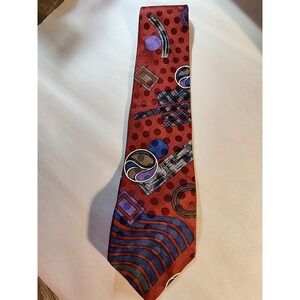 Vintage Bugatti 100% Italian Silk Tie Abstract Geometric Red Blue Purple 80s 90s